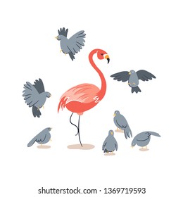 Elegant pink flamingo with street pigeons flying around. Vector. 