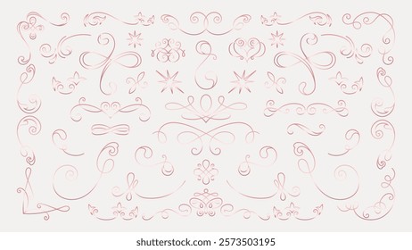 Elegant pink flourishes and swirls in various shapes. Decorative flourishes and swirls create an ornate design. Perfect for adding swirls and flourishes to art. Hand drawn ornament vector set.