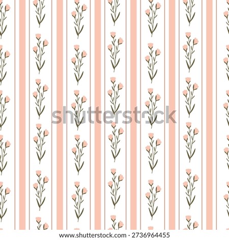 Elegant pink flowers and lines on white background, seamless pattern. Vector floral illustration.