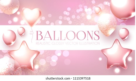 Elegant Pink Flying Balloons With Bokeh Effect. Wedding, Birthday And Anniversary Background.Vector Illustration