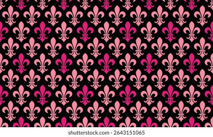 Motif élégant de fleurdelis rose et fuchsia sur fond noir.  Idéal pour la mode, les sites web ou les invitations.  Ce design répétitif offre une touche de sophistication royale et de charme vintage.