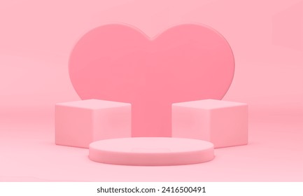 Elegant pink geometric 3d podium pedestal with heart wall realistic vector background. Romantic advertising showroom cylinder cubes display for product commercial presentation studio background