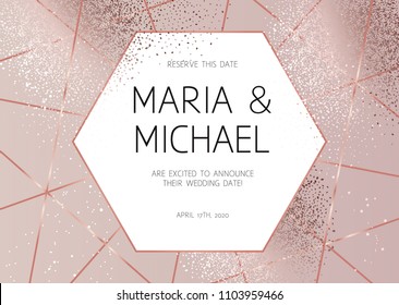 Elegant pink gold glitter and ribbons vector design card. Delicate and simple horizontal wedding invitation. Powder blush effect texture. Beauty fashion style. All elements are isolated and editable.