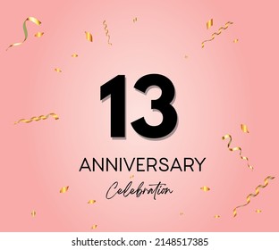 Elegant Pink Greeting celebration 13 years Anniversary Celebration logotype. Happy birthday, wedding party, congratulations poster. Black numbers with sparkling golden confetti.  Vector
