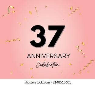 Elegant Pink Greeting celebration 37 years Anniversary Celebration logotype. Happy birthday, wedding party, congratulations poster. Black numbers with sparkling golden confetti.  Vector