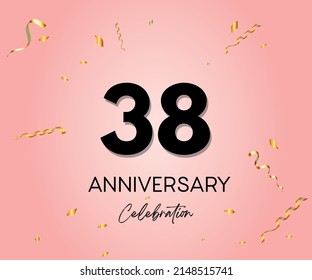 Elegant Pink Greeting celebration 38 years Anniversary Celebration logotype. Happy birthday, wedding party, congratulations poster. Black numbers with sparkling golden confetti.  Vector