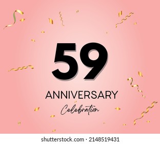 Elegant Pink Greeting celebration 59 years Anniversary Celebration logotype. Happy birthday, wedding party, congratulations poster. Black numbers with sparkling golden confetti.  Vector