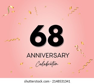 Elegant Pink Greeting celebration 68 years Anniversary Celebration logotype. Happy birthday, wedding party, congratulations poster. Black numbers with sparkling golden confetti.  Vector