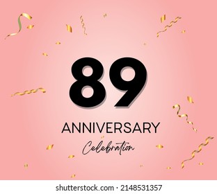 Elegant Pink Greeting celebration 89 years Anniversary Celebration logotype. Happy birthday, wedding party, congratulations poster. Black numbers with sparkling golden confetti.  Vector