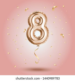 Elegant Pink Greeting celebration eight years birthday Anniversary number 8 foil gold balloon. Happy birthday, congratulations poster.   Golden numbers with sparkling golden confetti. Vector