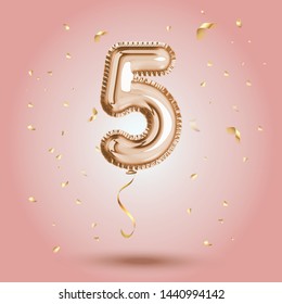 Elegant Pink Greeting celebration four years birthday Anniversary number 4 foil gold balloon. Happy birthday, congratulations poster.   Golden numbers with sparkling golden confetti. Vector