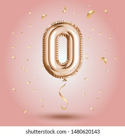 Elegant Pink Greeting celebration number zero promo number 0 foil gold balloon. Sale banner, zero percent credit installment  congratulations poster. Golden numbers with sparkling golden confetti