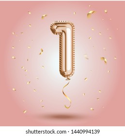 Elegant Pink Greeting Celebration One Year Birthday Anniversary Number 1 Foil Gold Balloon. First Year Life, Happy Birthday, Congratulations Poster.   Golden Numbers With Sparkling Golden Confetti