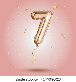 Elegant Pink Greeting celebration seven years birthday Anniversary number 7 foil gold balloon. Happy birthday, congratulations poster.   Golden numbers with sparkling golden confetti. Vector