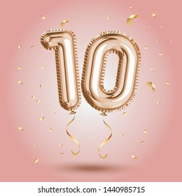 Elegant Pink Greeting celebration ten years birthday Anniversary number 10 foil gold balloon. Happy birthday, congratulations poster.   Golden numbers with sparkling golden confetti. Vector