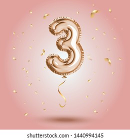 Elegant Pink Greeting celebration three years birthday Anniversary number 3 foil gold balloon. Happy birthday, congratulations poster.   Golden numbers with sparkling golden confetti. Vector