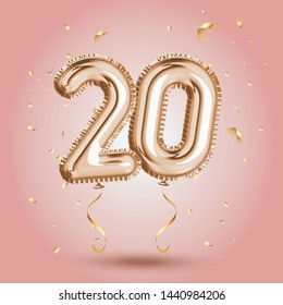  Elegant Pink Greeting celebration twenty years birthday Anniversary number 20 foil gold balloon. Happy birthday, congratulations poster.   Golden numbers with sparkling golden confetti