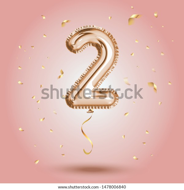 Elegant\
Pink Greeting celebration two years birthday Anniversary number 2\
foil gold balloon. Happy birthday, congratulations poster.   Golden\
numbers with sparkling golden confetti.\
Vector