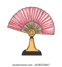 Elegant Pink Hand Fan on Ornate Stand Vintage Accessory Illustration