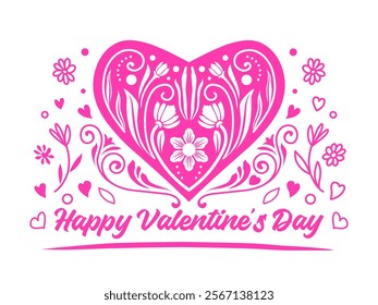 Elegant pink heart illustration with detailed floral and swirl motifs, accompanied by the text "Happy Valentine's Day." Ideal for holiday-themed designs, cards, and decorations