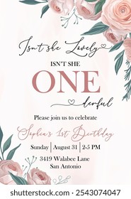 Elegant pink invitation template for a baby girl's first birthday celebration.