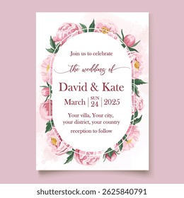 Elegant pink invitation template with blooming peonies and green leaves, perfect for wedding celebration or romantic floral themed event