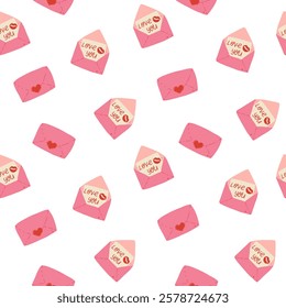 Elegant pink letters and envelopes in a seamless vector pattern. Decorative Valentine’s illustration for festive themes. Suitable for fabric prints, advertisements, party decor, and flyers.