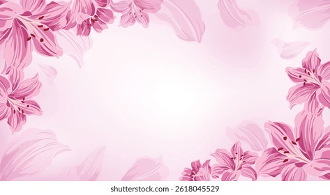 Elegant pink lily floral frame on soft pastel background, perfect for invitations, greeting cards, and romantic designs.