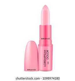 Elegant Pink Lipstick ads with Cap isolated on white background. Vector 3d cosmetics packaging mockup illustration.