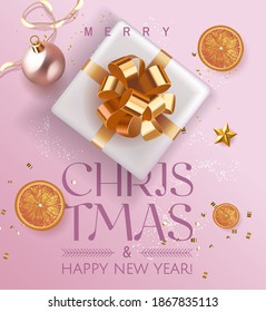 Elegant Pink Luxury Holiday banner Merry Christmas and Happy New Year. Xmas design with realistic festive objects, realistic gift, 3d gift, oranges, glitter gold confetti. Festive Vertical poster.
