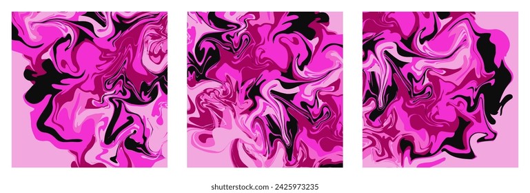 Elegant pink marble texture backgrounds set. Abstract liquid psychedelic colorful waves. Trendy vector illustration for wedding invitation, gift card, luxury certificate in Y2k style retro 60s, 70s. 