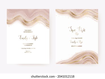 Elegant pink marble wedding invitation cards with gold waves and splatter texture.