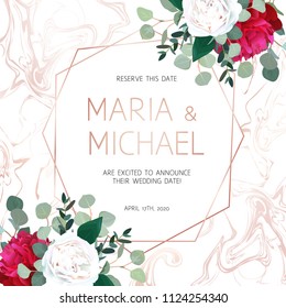 Elegant Pink Marbled Vector Frame With White And Red Flowers. Delicate Gold Line Card With Eucalyptus. Stylish Texture. Diamond Shaped Floral Wedding Invitation. All Elements Are Isolated And Editable