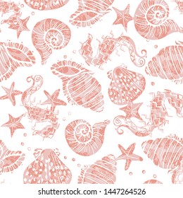 Elegant pink on white vector ornate seahorse, starfish and seashell seamless pattern background with floral texture overlay. EPS10 file with transparency mode.