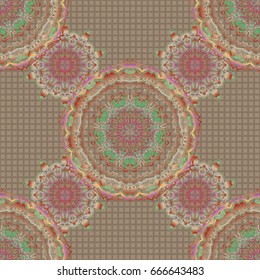 Elegant pink, orange and beige seamless pattern with and Mandala elements. Nice vector hand-drawn illustration.