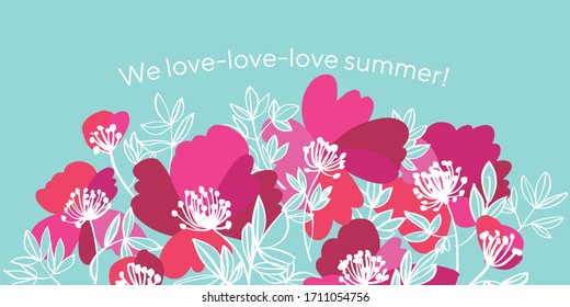 Elegant pink and pale blue modern style peony flowers vector motif for card, header, invitation, poster, social media, post publication.
