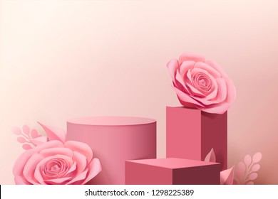 Elegant Pink Paper Flowers And Stage Column In 3d Illustration