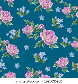 Elegant pink peonies and blue forget-me-nots blend beautifully with a blue background. Textile composition, template for design of print, fabric, wallpaper and box.