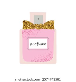 Elegant pink perfume bottle with a golden bow. Stylish feminine accessory for beauty and luxury themes. Flat vector illustration isolated on white background.