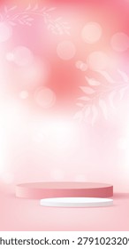 Elegant pink podium display background with soft bokeh lights and delicate floral leaves, ideal for beauty, cosmetics, skincare, luxury product presentation and branding.