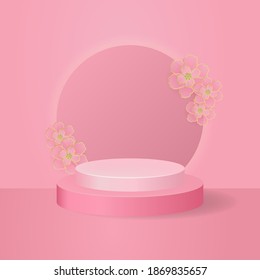 Elegant pink podium stage render template for product display. Vector background decorated with cherry blossom flower.