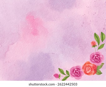 Elegant pink and purple watercolor background with corner rose floral elements, perfect for wedding invites, cards, or digital designs