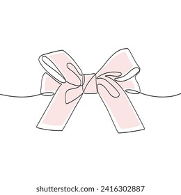 Elegant pink ribbon bow in continuous line art drawing style. Minimalist black linear sketch isolated on white background.