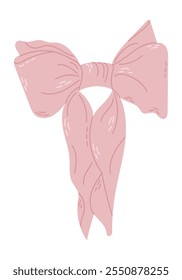 Elegant pink ribbon bow illustration with soft details and flowing tails. Perfect for gift wrapping, celebrations, and feminine design themes. Flat illustrations for sticker or decorations