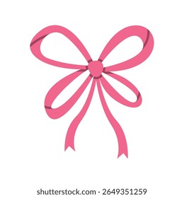 Elegant Pink Ribbon Bow Illustration with Flowing Tails – Flat Vector Isolated on White Background for Gift Wrapping, Decoration, Invitations, and Celebration Themes