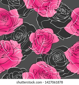 Elegant pink rose flower bouquets contour elements vector seamless pattern on dark gray. Happy mother day, womens day, girls birthday, Valentines. Gift box paper, textile, linen, dress print design