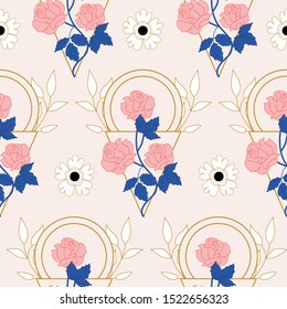 Elegant pink roses and geometric elements in a seamless pattern design, perfect to use on the web or in print, for suraface design