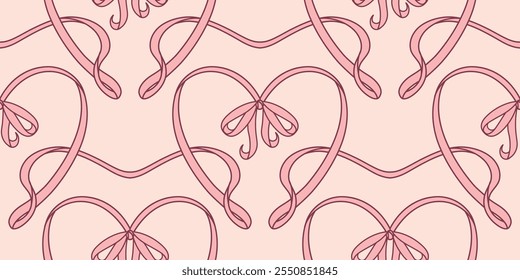 Elegante Fondo de pantalla sin costuras rosa. Delicados lazos y cintas en forma de corazón en una estética de núcleo coqueta. Fondo temático del amor, textil del día de San Valentín, rollo romántico que envuelve el papel