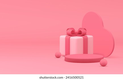 Elegant pink showcase 3d podium pedestal with heart and gift box banner copy space realistic vector background. Feminine advertising showroom romantic display with present shopping sale show