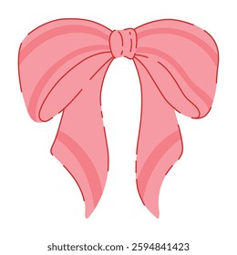 Elegant Pink Striped Ribbon Bow Hand Drawn Illustration Isolated on White Background. Cute Girly Bowknot for Gifts, Present Knots or Hairstyle